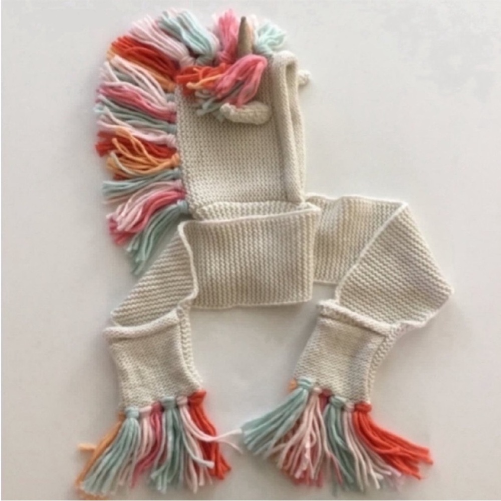Knit Rainbow Unicorn Hat Scarf Mitten Combo